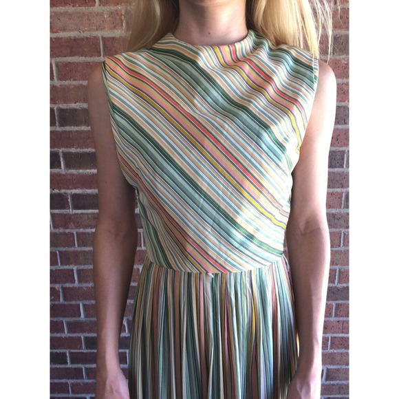 vintage 60s GREEN ORANGE diagonal striped Mod DRESS Small full skirt indie retro - Picture 4 of 10